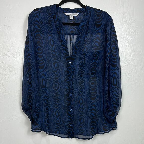 Diane Von Furstenberg Gilmore Sheer Blouse Top Grain Shadow Size 12 - Picture 3 of 8